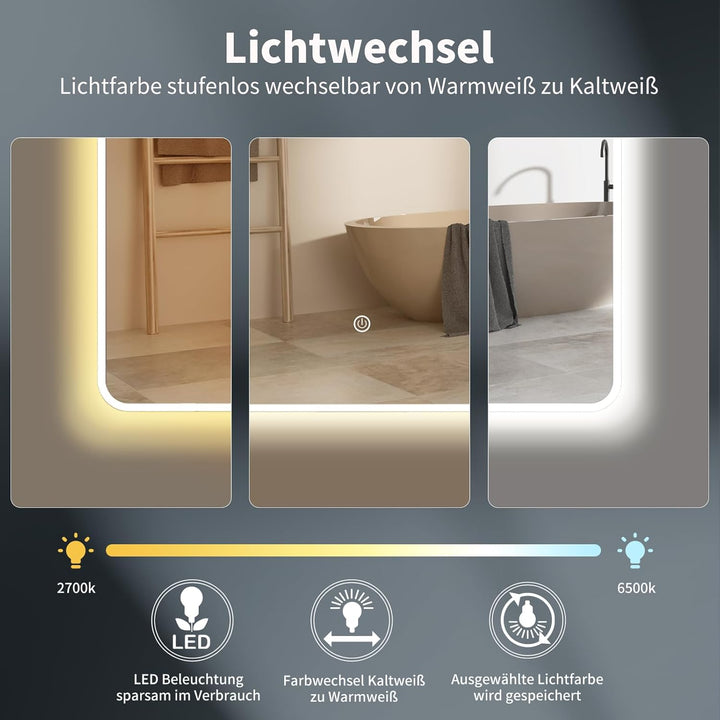 HOKO LED Badspiegel 50x70 cm / 70x50 cm Alaska mit Weisser Metall Rahmen, HOCH+QUER Montage. Touch S
