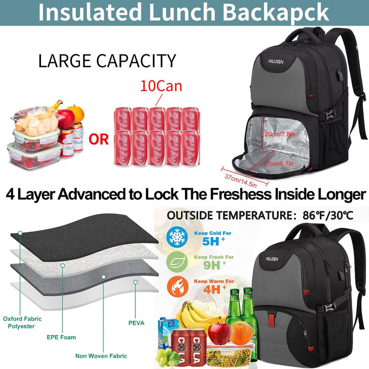 HILUSEN Extra grosser 50L Reise-Laptop-Rucksack für Herren, Lunch-Rucksack 17 Zoll, Diebstahlsichere