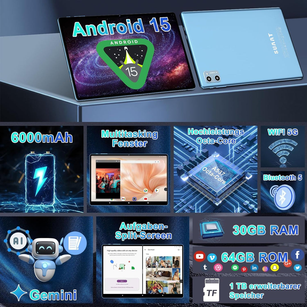 2026 Tablet 10 Zoll Android 15 Octa Core Tablet mit 64 GB ROM + 2 TB TF | 5G + 2,4G WiFi |GMS| Bluet