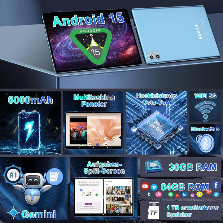 2026 Tablet 10 Zoll Android 15 Octa Core Tablet mit 64 GB ROM + 2 TB TF | 5G + 2,4G WiFi |GMS| Bluet