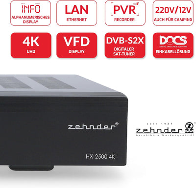 ZEHNDER HX-2500 4K Sat Receiver mit Aufnahmefunktion und HDMI, IPTV Receiver, UHD, Alphanumerisches