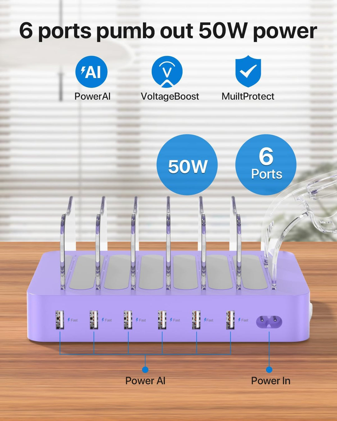 SooPii USB-Ladestation Organizer für mehrere Geräte, 6 Ports 50W Ladestation mit 6 Kabeln und aktual