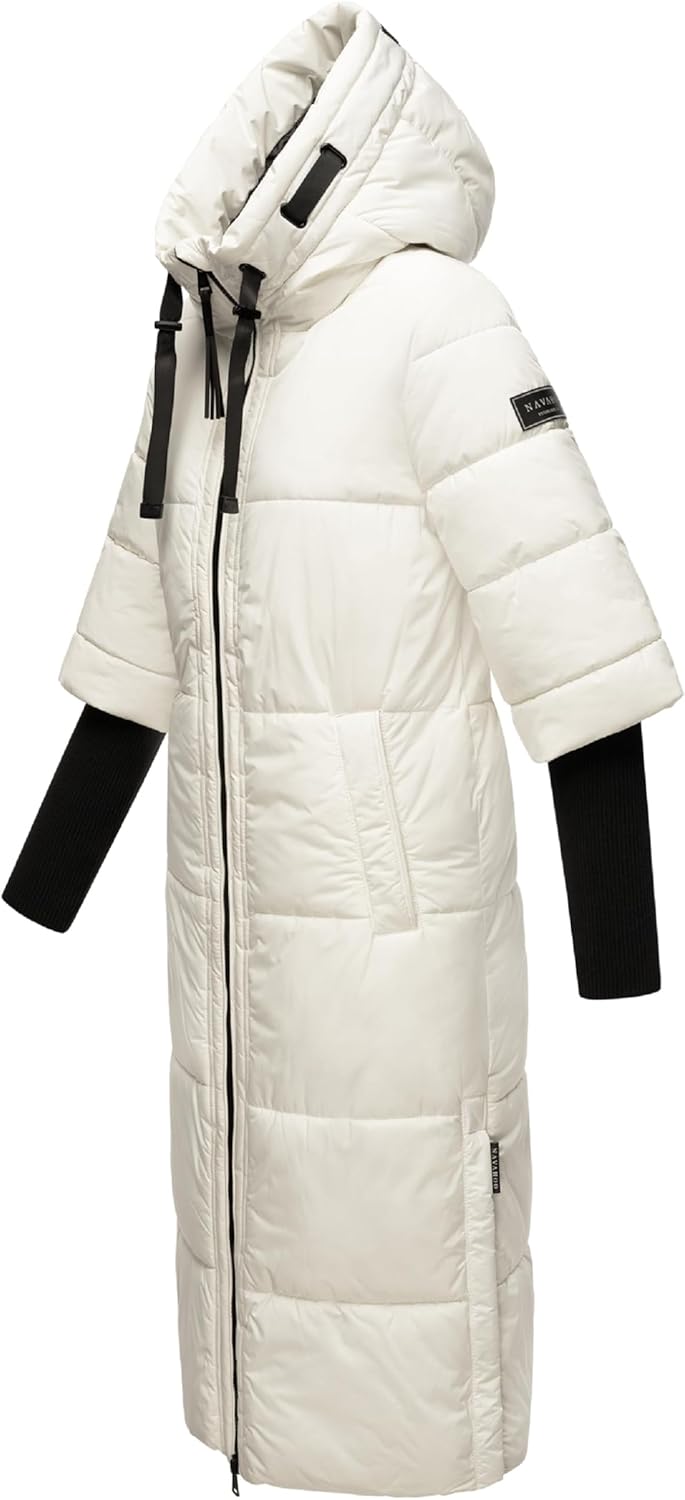 Navahoo Damen Wintermantel warmer Steppmantel lang mit Kapuze und Rippstrickärmeln Ciao Miau XIV XS-