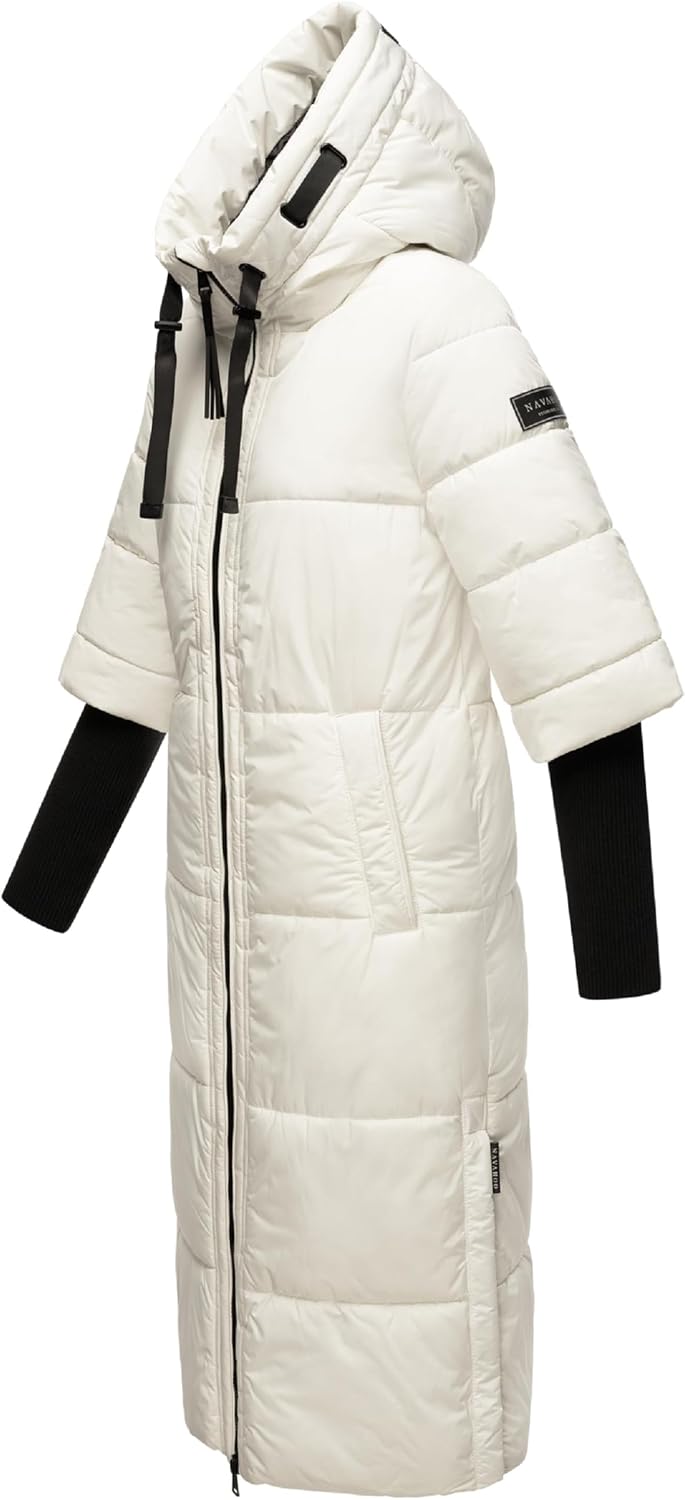 Navahoo Damen Wintermantel Warmer Steppmantel lang mit Kapuze und Rippstrickärmeln Ciao MIAU XIV XS-