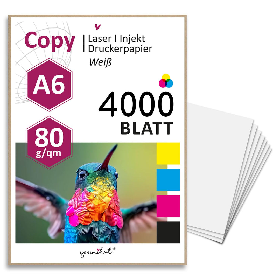 younikat 4000 Blatt blanko Papier 80 g/m² I DIN A6 148 x 105 mm weiss beidseitig I Kopierpapier Reze
