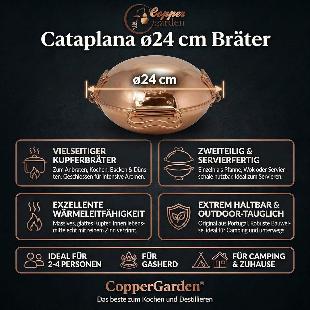 CopperGarden® Cataplana Bräter aus handverzinntem glattem Kupfer mit ca 24 cm Durchmesser I Portugie