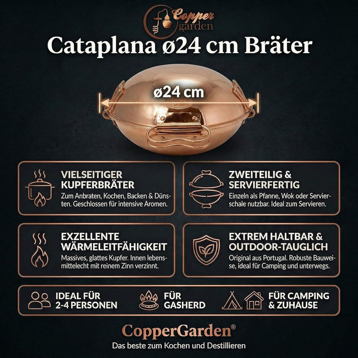 CopperGarden® Cataplana Bräter aus handverzinntem glattem Kupfer mit ca 24 cm Durchmesser I Portugie