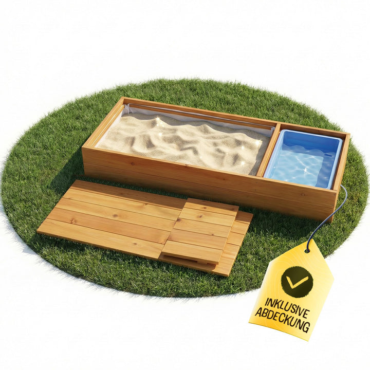 FRIEDO Sandkasten mit Abdeckung 120x40cm aus lasiertem Holz und Deckel I Sandkasten mit Matschküche