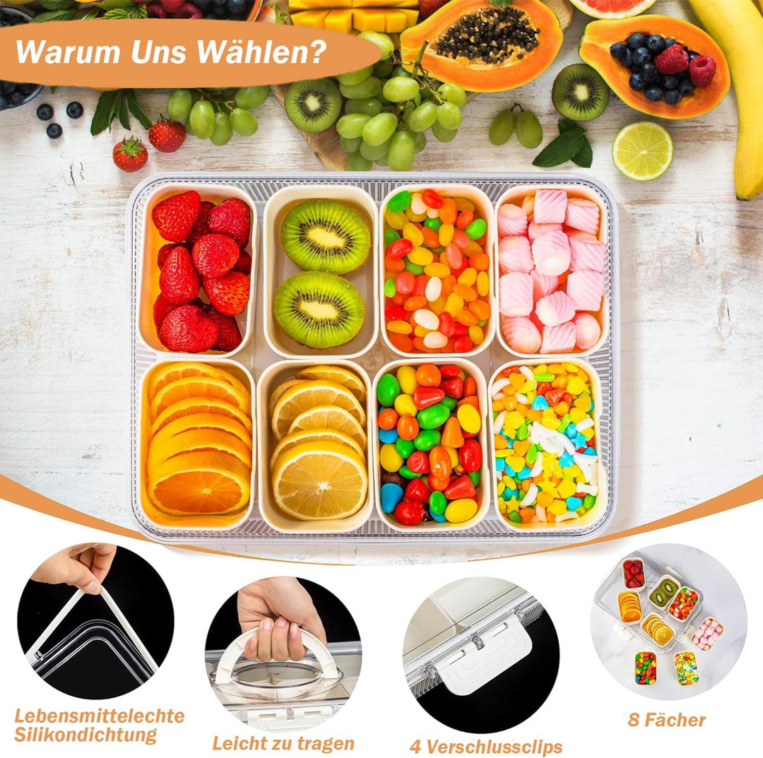 Snackbox mit 8 Fächern, Snackteller mit Deckel und Griffen, Snackdose für Snacks kinder, Süssigkeite