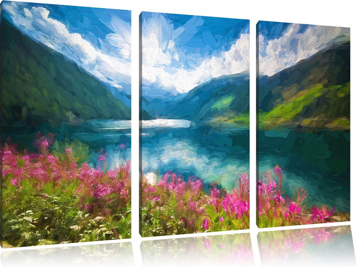 Pixxprint Blumenwiese am Bergsee Pinsel Effekt 3-Teiler Leinwandbild 120x80 Bild auf Leinwand
