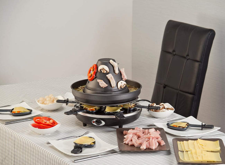 Rosenstein & Söhne Tartarenhut: Elektrischer 3in1-Tatarenhut- & Raclette-Grill mit Fondue-Rinne, für