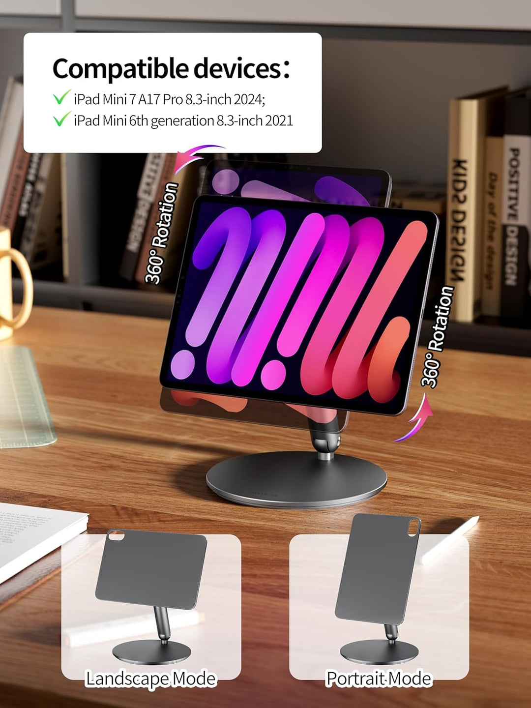 LULULOOK Magnetisch iPad mini 7 Ständer mit 360° Drehbar Basis, Aluminium Faltbar Mini 6 Halterung T
