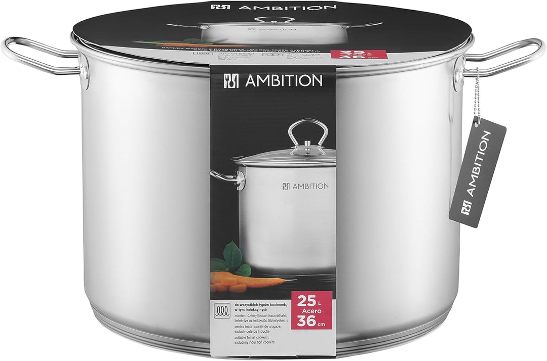 AMBITION Grosser Topf mit Deckel 25l Acero ⌀ 36 cm Edelstahl Hochtopf alle Herdarten Induktion Spülm
