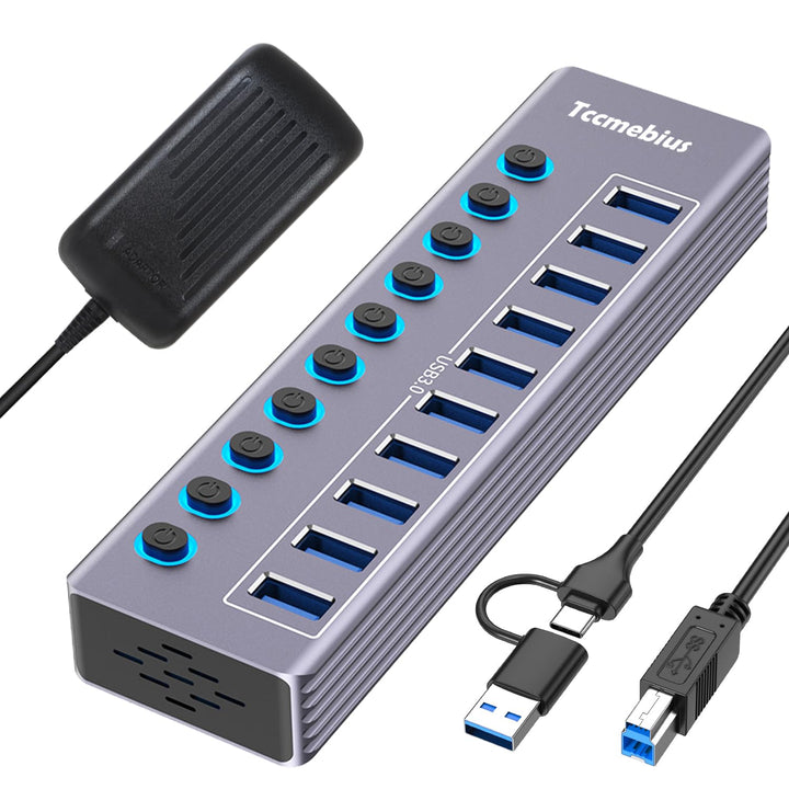 USB Hub Aktiv 3.0 mit 36W(12V/3A) Netzteil, 2-in-1 (USB A/C) zu 10 Port USB 3.0 Daten Hub mit Einzel