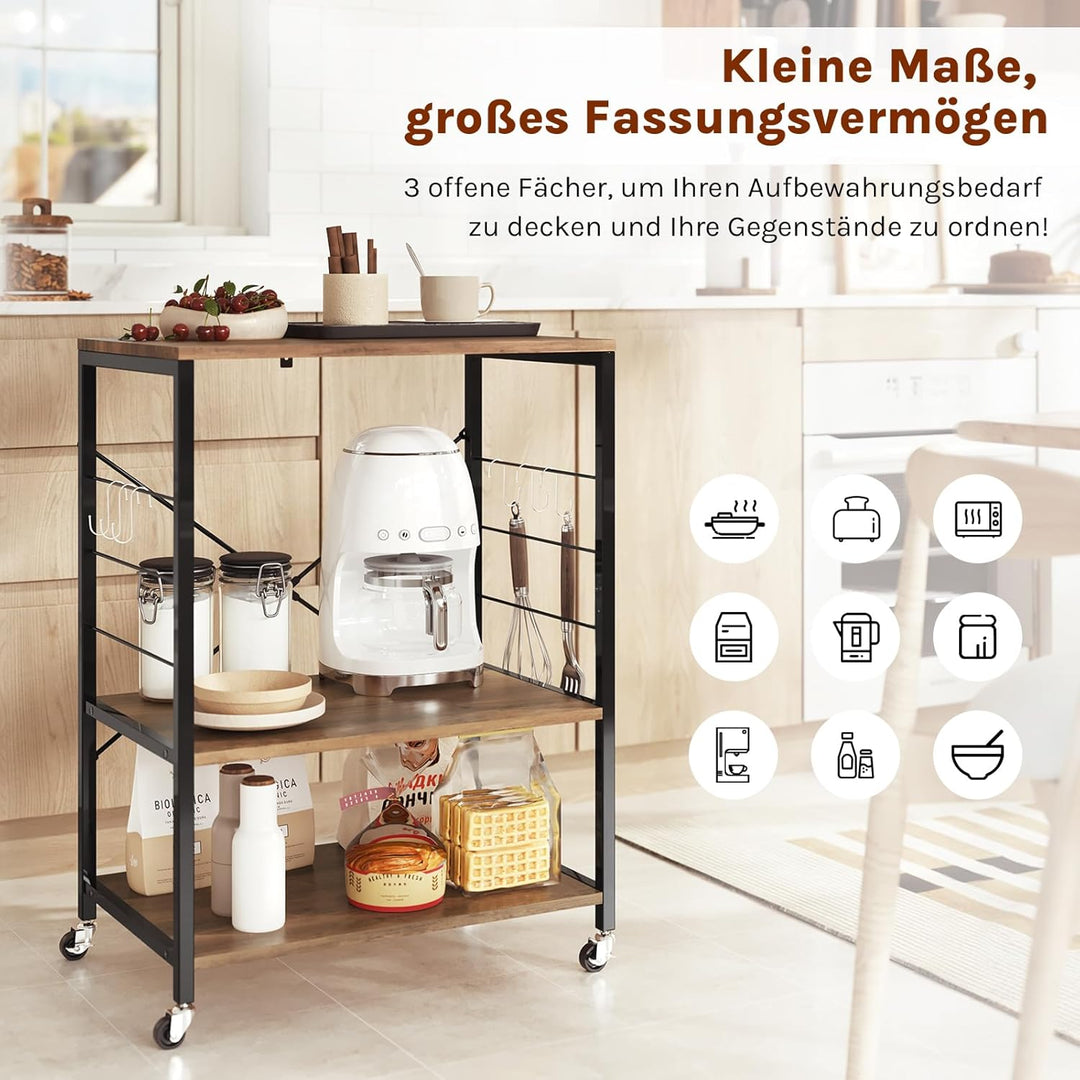 WOLTU Küchenregal auf Rollen, Mikrowellen-Regal mit 3 Ablagen & 4 Haken, dreistufiger Servierwagen m