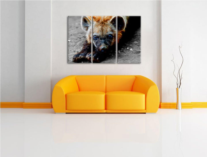 niedliche kleine Hyäne schwarz/weiss Deluxe 3-Teiler Leinwandbild 120x80 Bild auf Leinwand, XXL ries