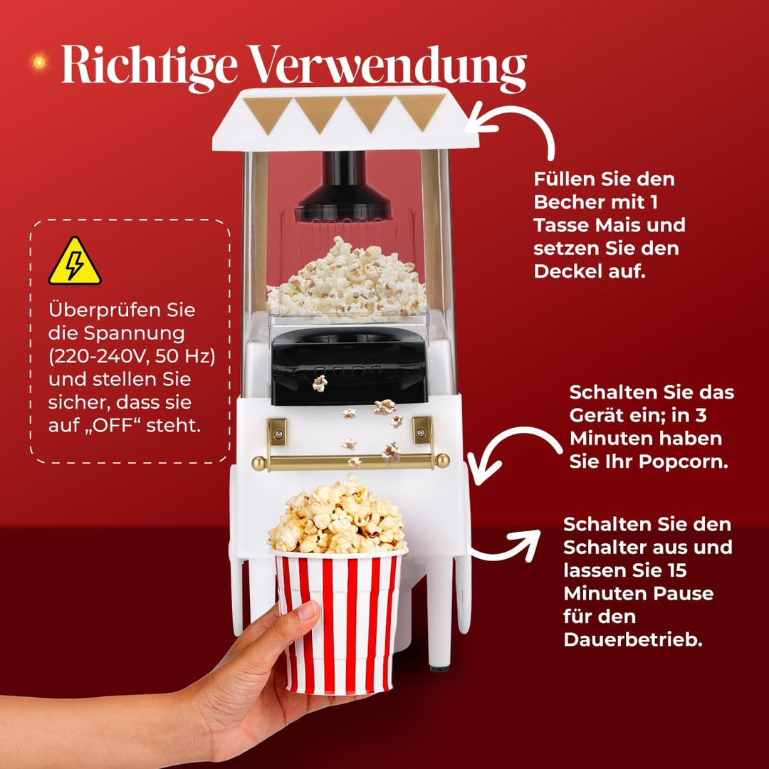 NK Popcornmaschine Retro 1.200W Heissluft – Popcorn Maker Ohne Öl, 0.3L Klein und Kompakt, Schnelle