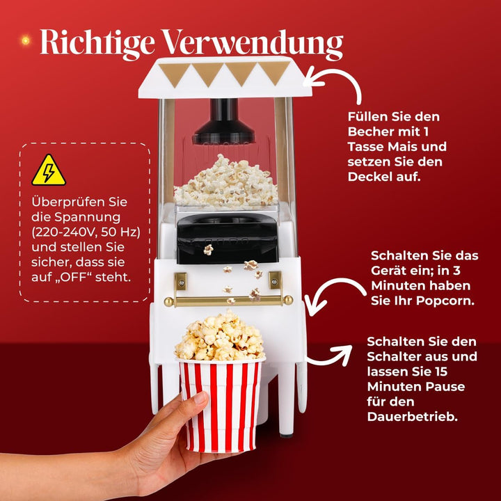 NK Popcornmaschine Retro 1.200W Heissluft – Popcorn Maker Ohne Öl, 0.3L Klein und Kompakt, Schnelle