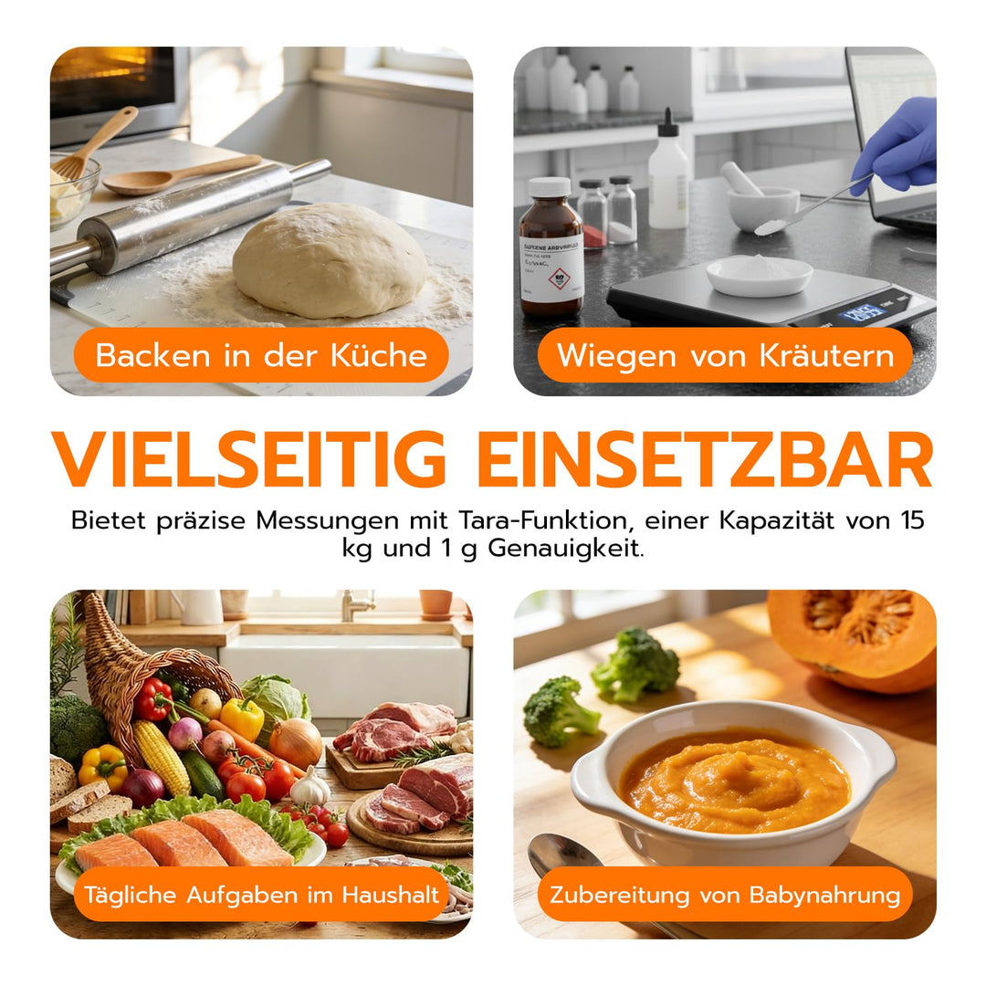 Wigearss 15kg/1g Küchenwaage Digital, Küchen Feinwaage mit 6 Einheiten, Tara Funktion