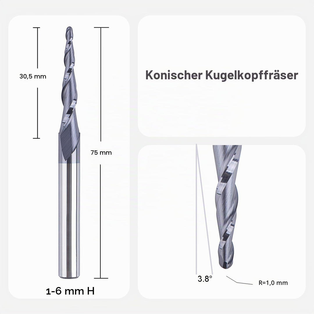 SpeTool Kugelkopffräser Konische Fräser CNC Schaftfräser 2 Flöten 1,0 mm Radius VHM Gravierfräser fü