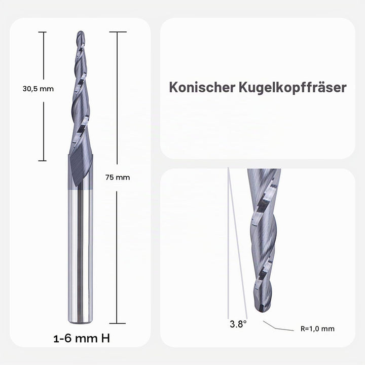 SpeTool Kugelkopffräser Konische Fräser CNC Schaftfräser 2 Flöten 1,0 mm Radius VHM Gravierfräser fü