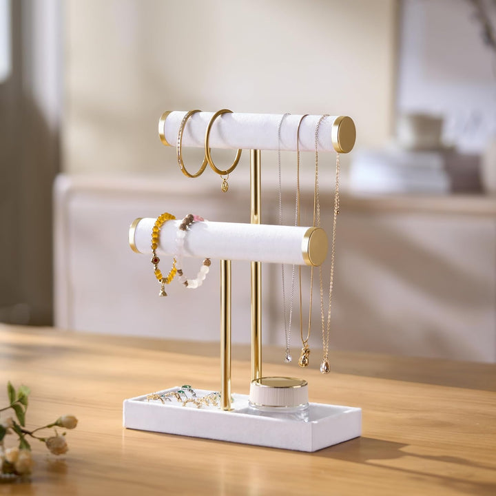 Schmuck Organizer mit 2 Ebenen - Weiss Schmuckständer Armbänder, Abnehmbarer T-Steg Schmuck Ständer,