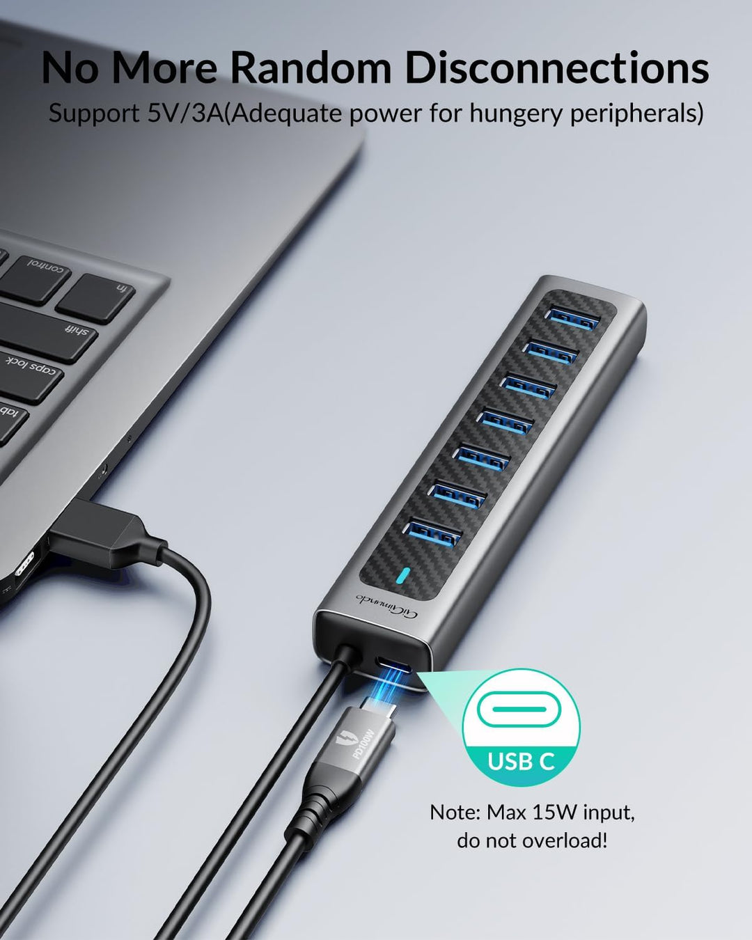 GiGimundo GM7U 7 Port USB HUB 3.0 Aluminium, 1.8M Lang Kabel mit 5V/3A Type-C Stromeingangsanschluss
