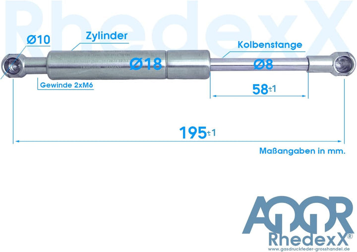 2x RhedexX® Gasdruckfeder Ersatz für KESSEBÖHMER LIFT-O-MAT 195mm 380N Edelstahl V4A 316L (380 N - E
