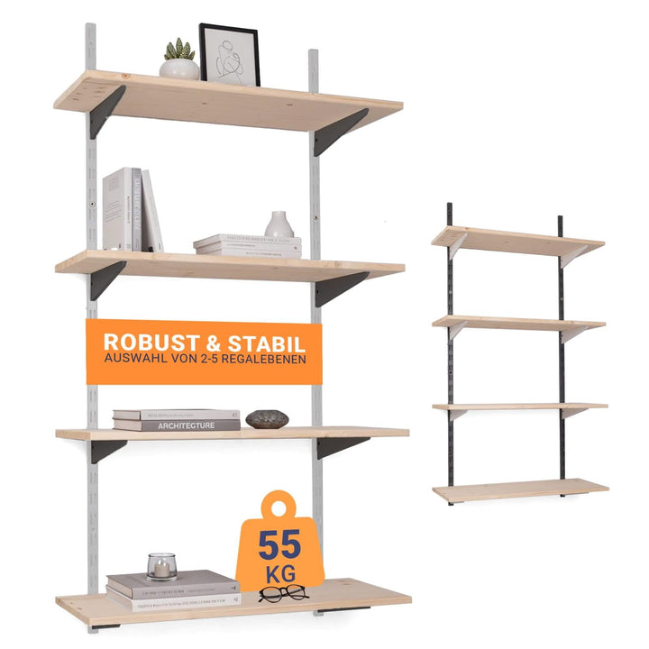 Wandregal Metall mit Boden · Regal in 50 Varianten · Höhe: 150 cm · 2 Ebenen in 80 x 20 cm (B x T) ·