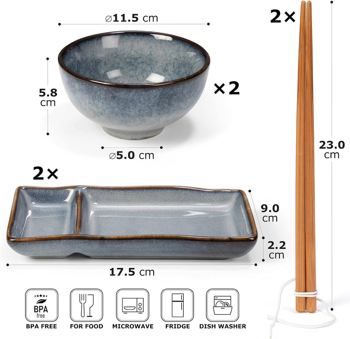 Sushi Geschirr set "Misaki" Graublau für 2 Person, Sushi Set Japanischer Geschirr für Miso Suppe Mak