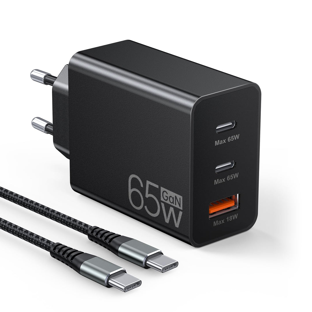 65W USB C Ladegerät, 3Port Schnellladegerät mit 2M Typ C Ladekabel geflochtenem USB C Netzteil für T