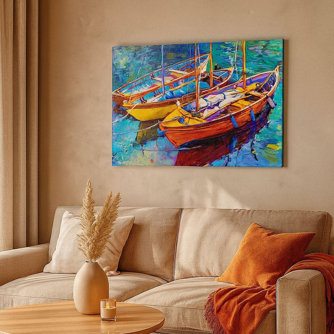 Bilder auf Leinwand 100x70cm Leinwandbild Boote Bunt Angeln Wasser Gross Wanddeko Bild Schlafzimmer