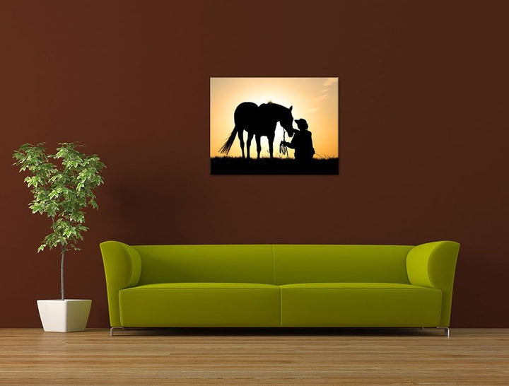 Bilderdepot24 Bild auf Leinwand | Pferd mit Cowboy I in 60x50 cm als Wandbild | Wand-deko Dekoration
