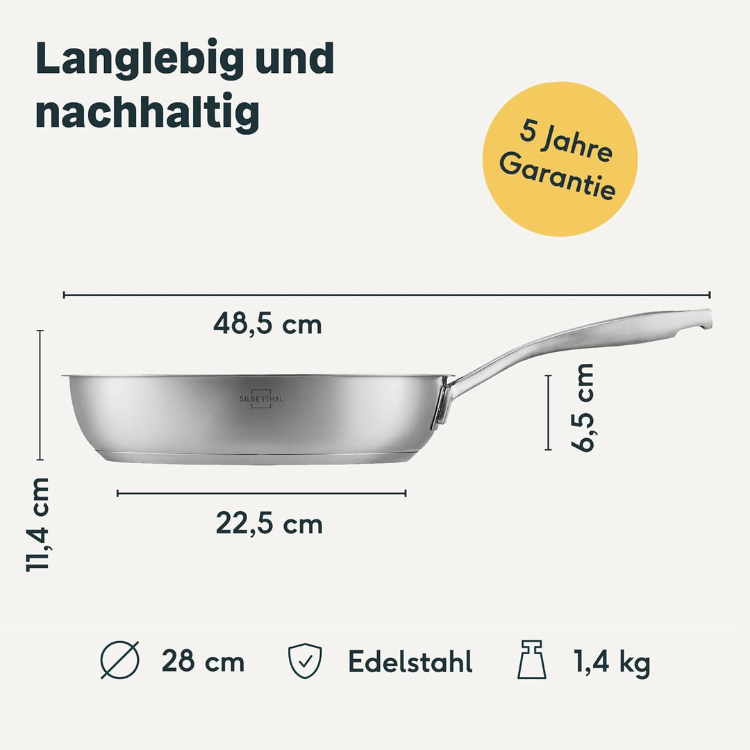 SILBERTHAL Edelstahl Pfanne Unbeschichtet - Induktion - Profi Bratpfanne 28cm - Röstaromen - Ofenfes