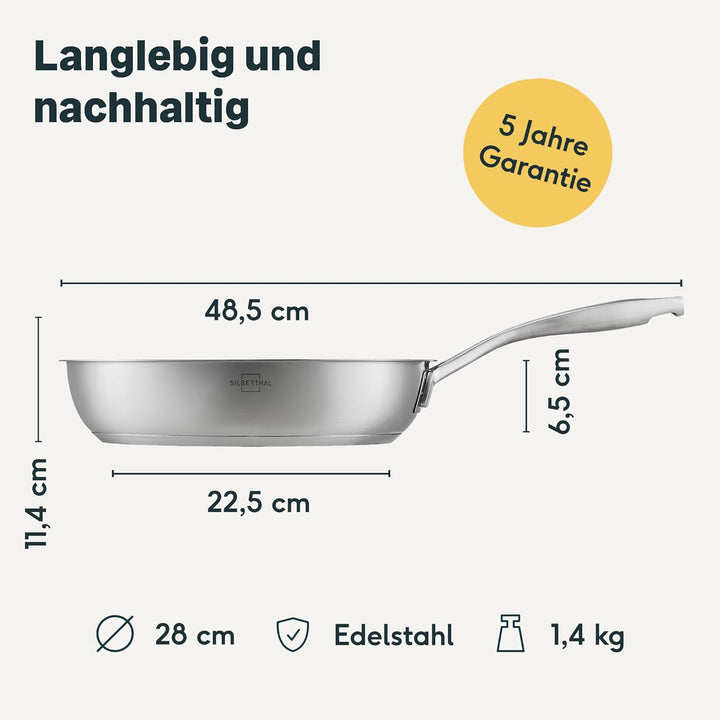 SILBERTHAL Edelstahl Pfanne Unbeschichtet - Induktion - Profi Bratpfanne 28cm - Röstaromen - Ofenfes