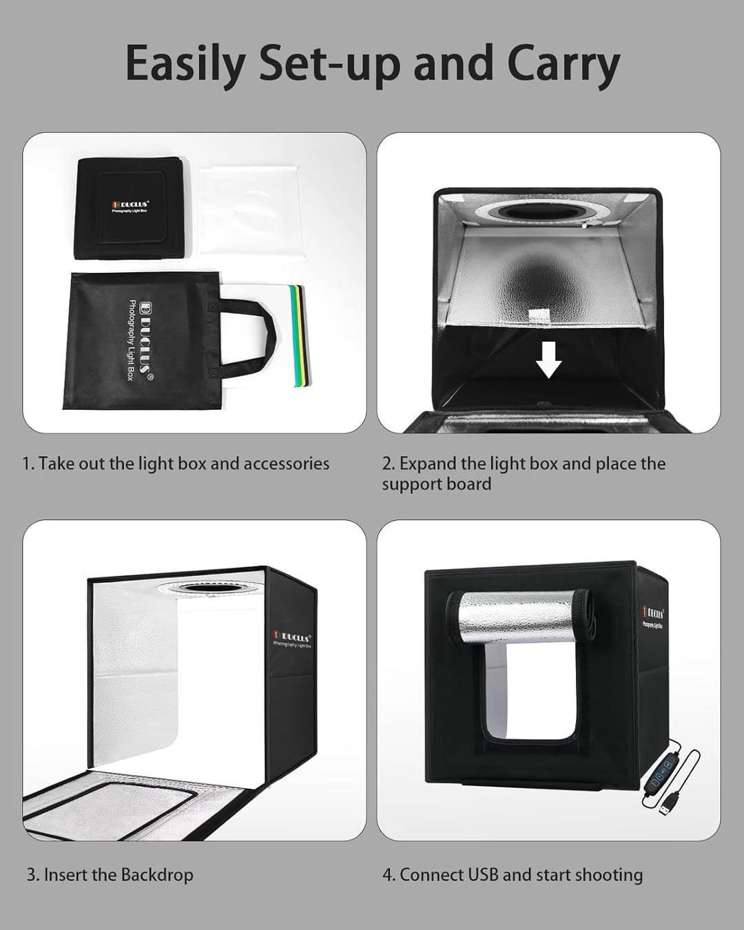 DUCLUS Fotobox, 25x25 cm Fotostudio Set für Produktfotografie, Faltbare Mini Lichtbox mit 96 LEDs, 6