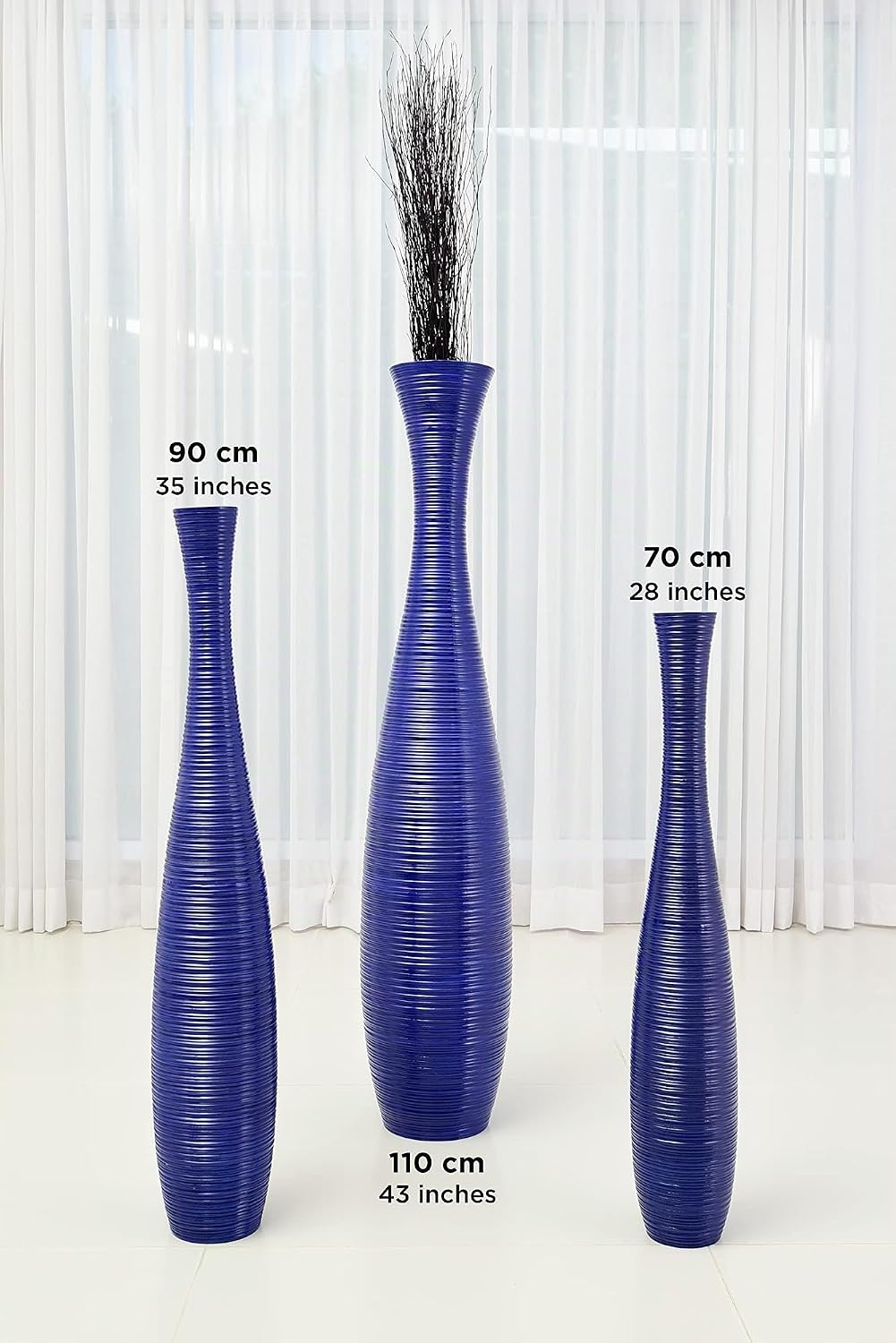Leewadee Grosse Bodenvase für Dekozweige hohe Standvase Design Holzvase, Holz, 70 cm, blau 70 cm Bla
