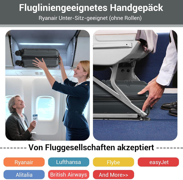 KONO Handgepäck Koffer mit abnehmbaren Rollen, 40x30x20 cm ohne Rollen, Leichter Kabinen-Koffer klei