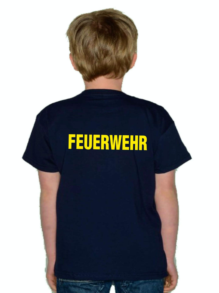 feuer1 Kinder T-Shirt Navy, Feuerwehr mit langem F (beidseitig) in Neongelb 128 Navy, 128 Navy