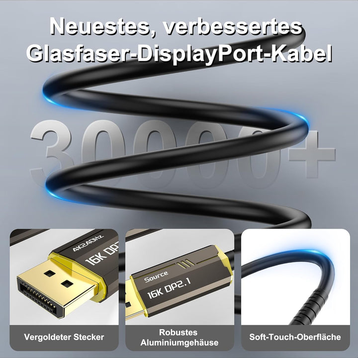 Glasfaser DisplayPort 2.1 Kabel 10M, 16K DisplayPort 2.0 Kabel unterstützt 54 Gbit/s [16K@30 Hz, 8K@