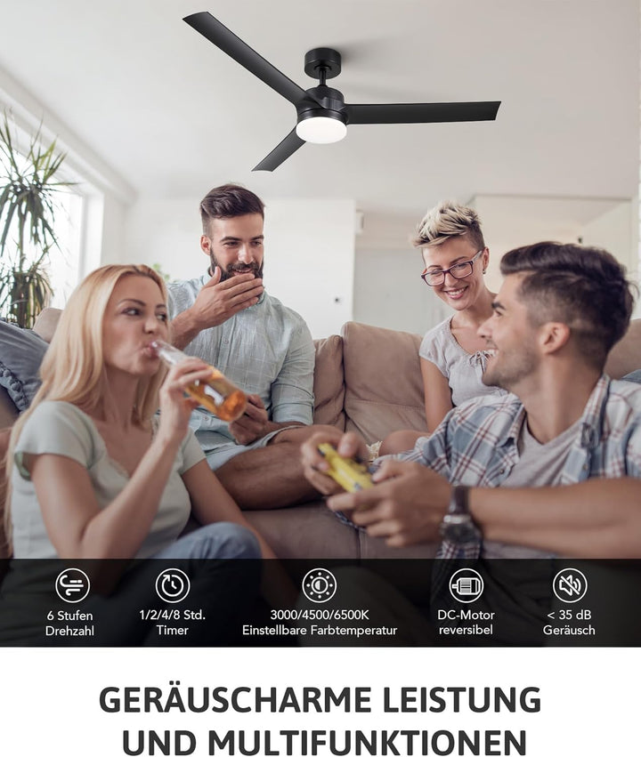 VONLUCE Deckenventilator mit Beleuchtung und Fernbedienung (ABS, Schwarz) Schwarz ABS, Schwarz ABS