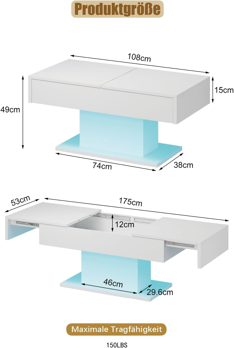 KEEPREAPER Couchtisch Hochglanz ausziehbar, Wohnzimmertisch versenkbar mit Stauraum für Sofa, 108x53