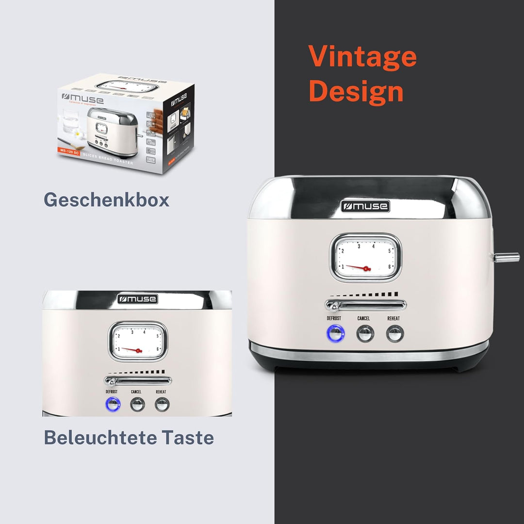 Muse Edelstahl-Toaster in beige und retro Design, analoge Anzeige, beleuchtete Tasten, 6 Bräunungsst
