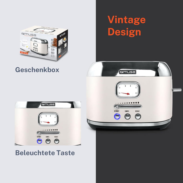 Muse Edelstahl-Toaster in beige und retro Design, analoge Anzeige, beleuchtete Tasten, 6 Bräunungsst