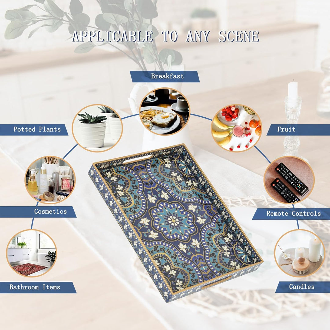 Serviertablett, Tablett mit Griff Boho Deko Rechteckig Kaffeetablett, Bruchsicher Gross Tablett für