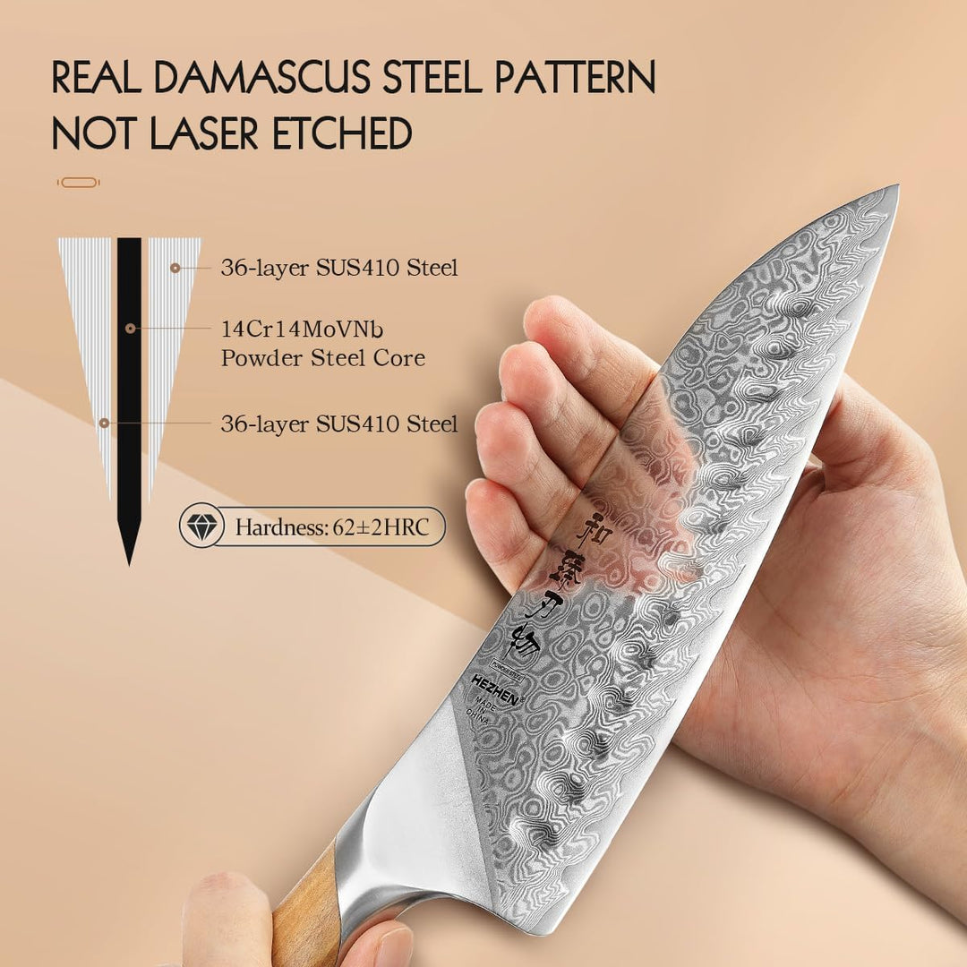 HEZHEN Damast Santokumesser Kochmesser 73 Schichten Damastmesser Küchenmesser mit Olivenholz Griff,