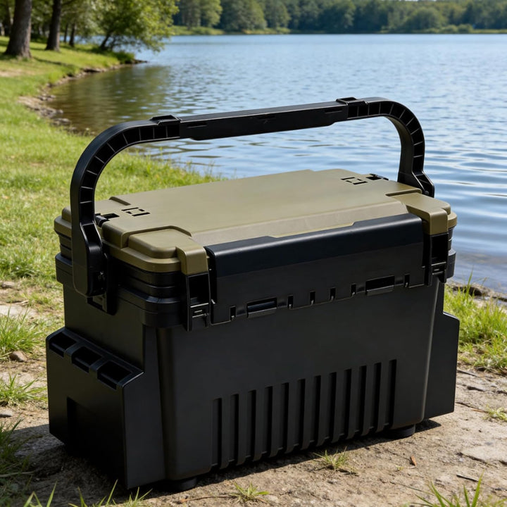 Angelbox, Angelkoffer, 11L, Grün, mit Rutenhalter,Tackle Box | Robuster Kunststoff, 2 Etagen, 2 Rute