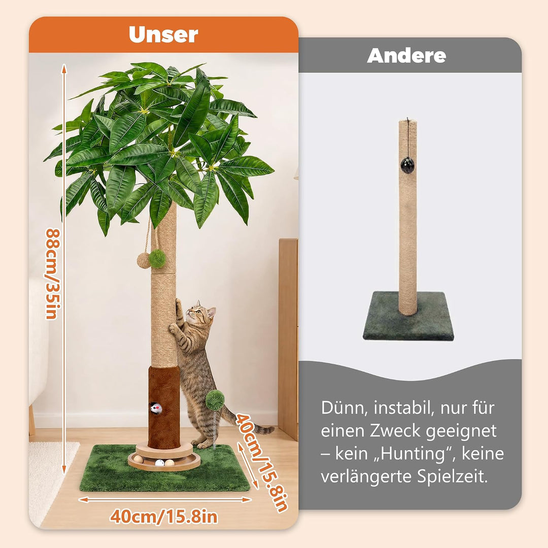 Fantasreen 88cm Kratztonne mit Trackball und Spielzeug, Grün | Kratzsäule für aktive Katzen. Mit Tra