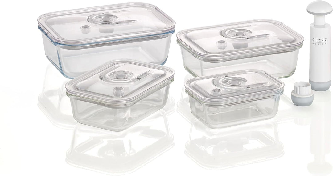 CASO VacuBoxx E-Set - 4 extrem stabile eckige Vakuumbehälter aus Borosilikatglas, BPA-Frei, hitzebes