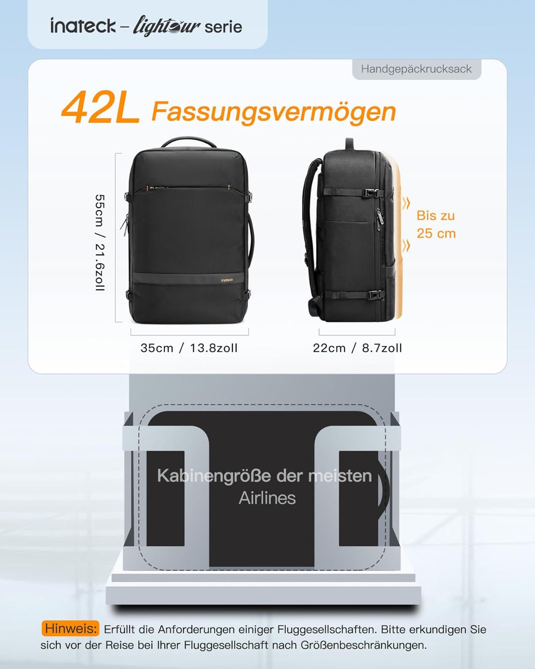 Inateck 42L Supergrosser Handgepäck Reiserucksack Flugzeug Laptop Rucksack für 15,6 Zoll Laptop Note